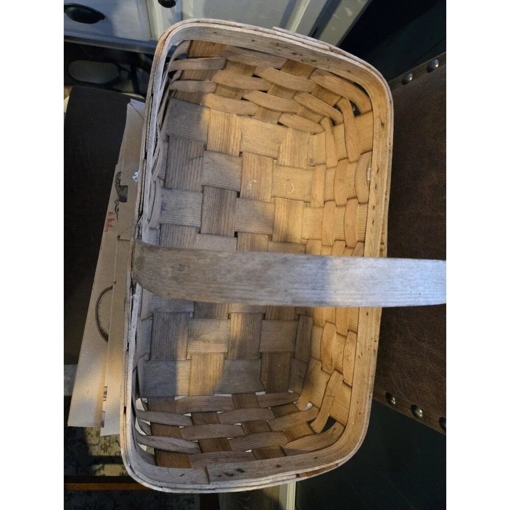 VTG Basketville Wood Woven Open Gathering Basket Fixed Handle Putney Vermont